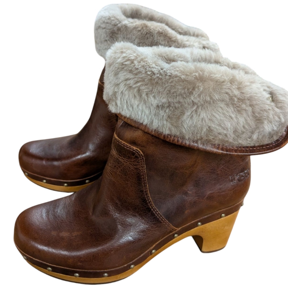 UGG Lynnea Fold Over Sheepskin Lined Brown Leather Boots Size 5 - Picture 2 of 14